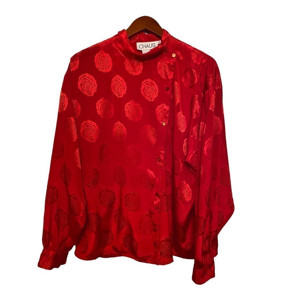 CHAUS Red Button Down Blouse w/Flower Pattern Size 16